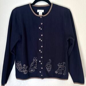 Christopher & Banks Navy Blue Cat Cardigan, Grannycore, novelty, vintage, size S